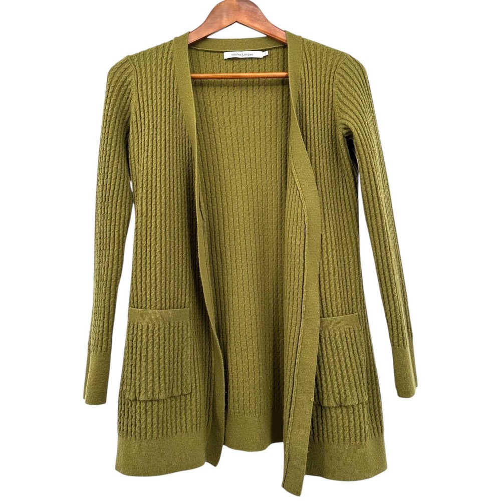 STITCHES & STRIPES Open Cardigan Sweater Olive Green Braid Cable Knit Size Small